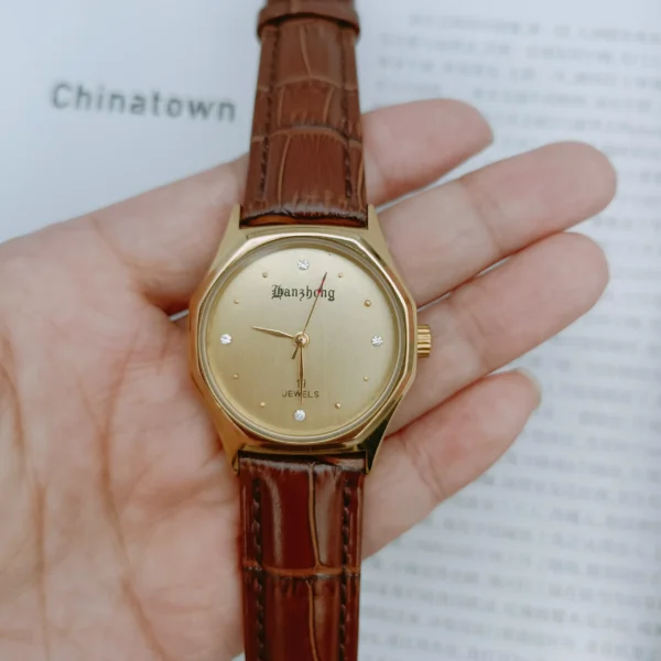 Vintage Men’s Octagonal Diamond Watch – Handheld gold case with leather strap