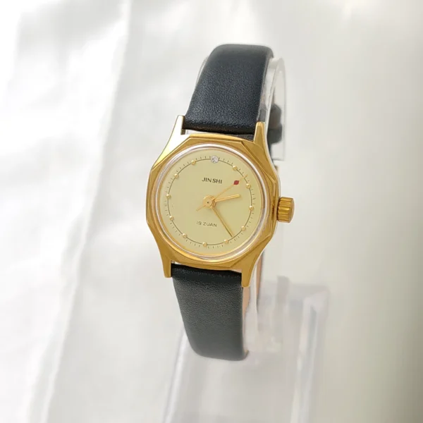 Vintage gold octagon women’s watch with black leather strap – WatchTrio