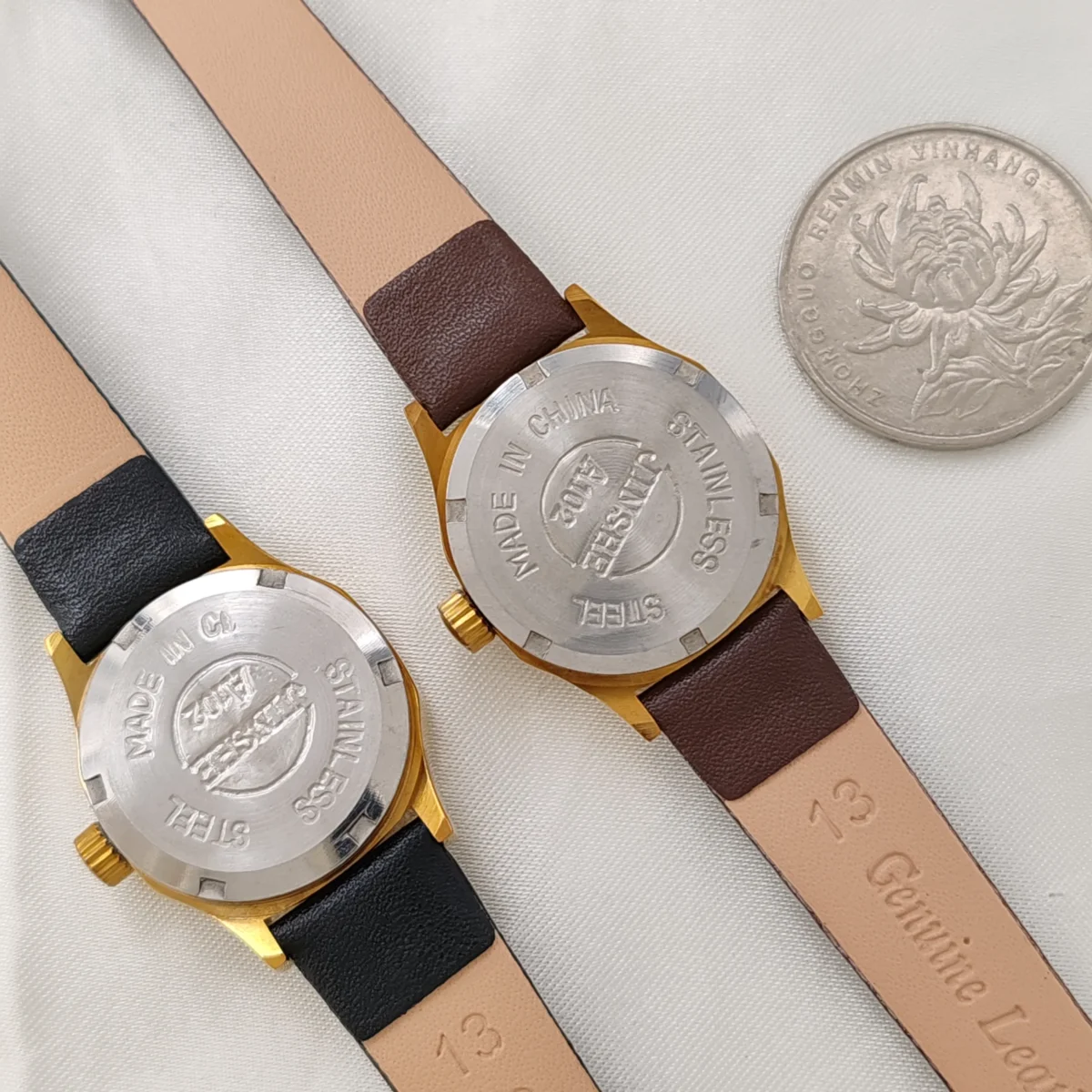 Back case view of vintage octagon women’s watch with leather strap – WatchTrio