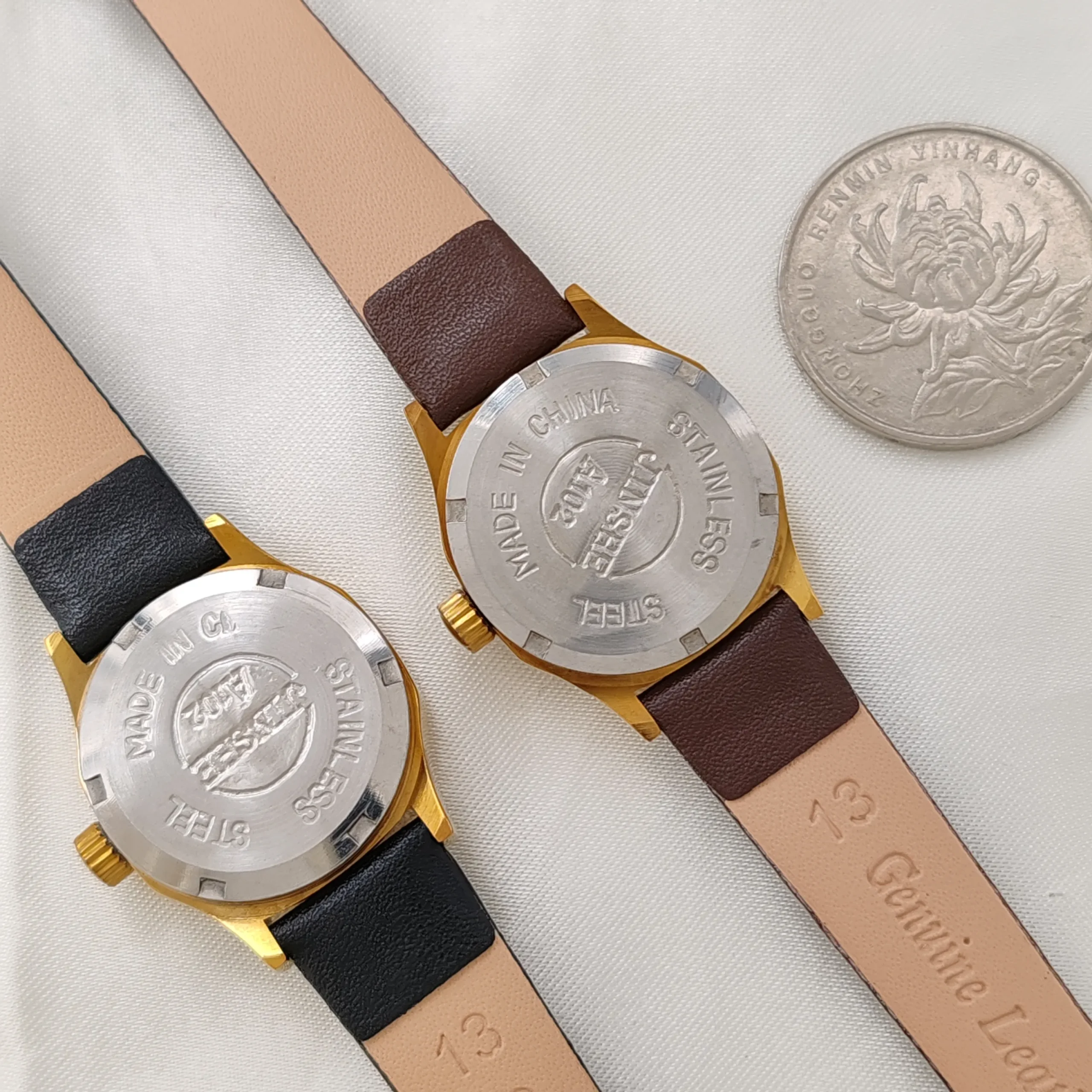 Back case view of vintage octagon women’s watch with leather strap – WatchTrio