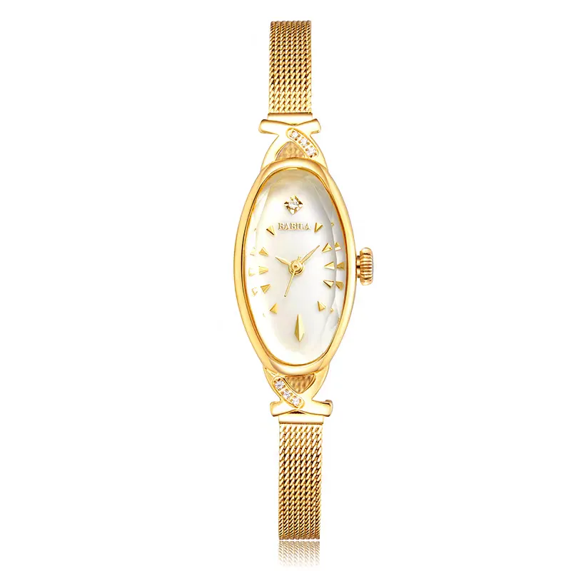 Vintage oval gold women’s watch with white dial and mesh strap