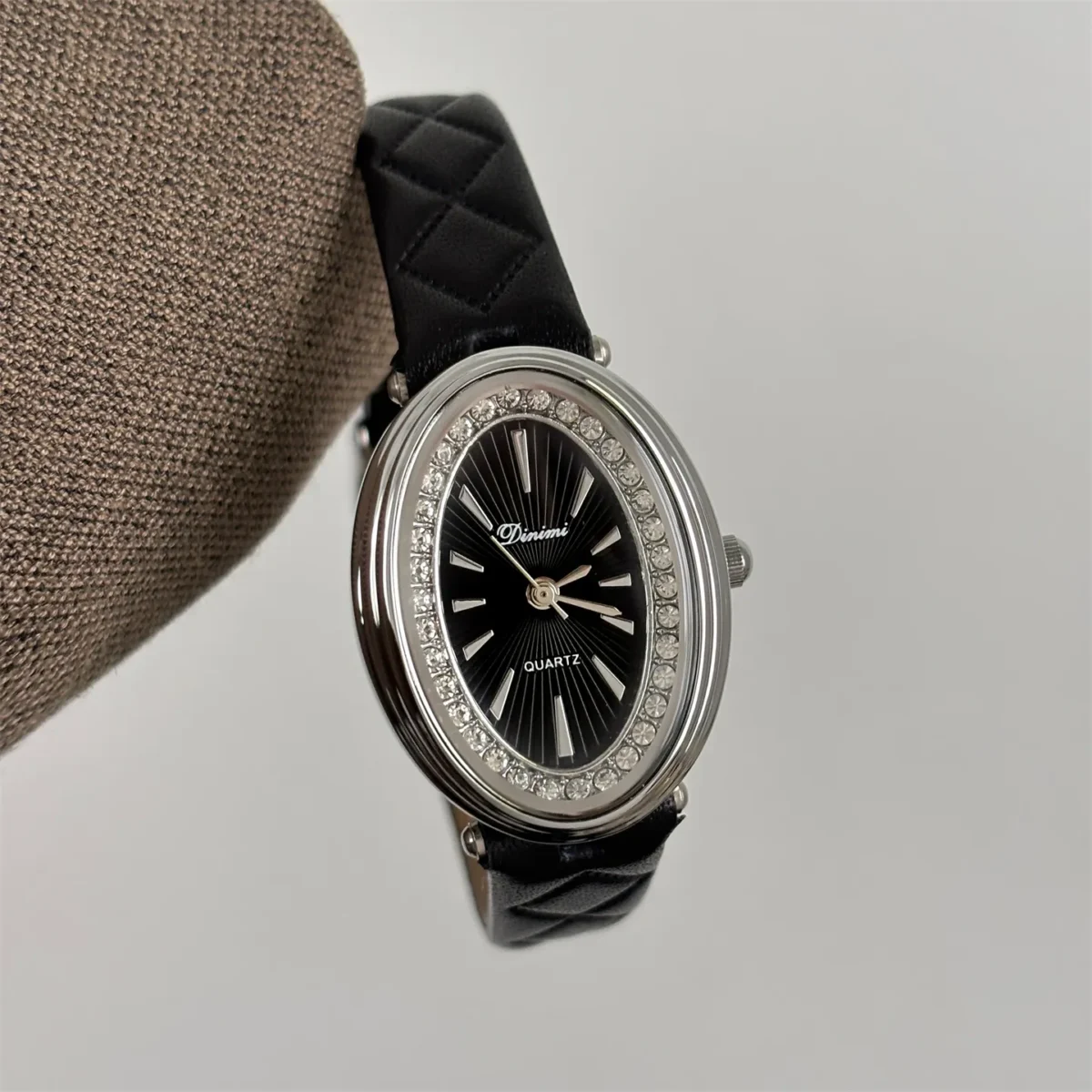 Vintage oval women’s leather watch with crystal bezel – black strap
