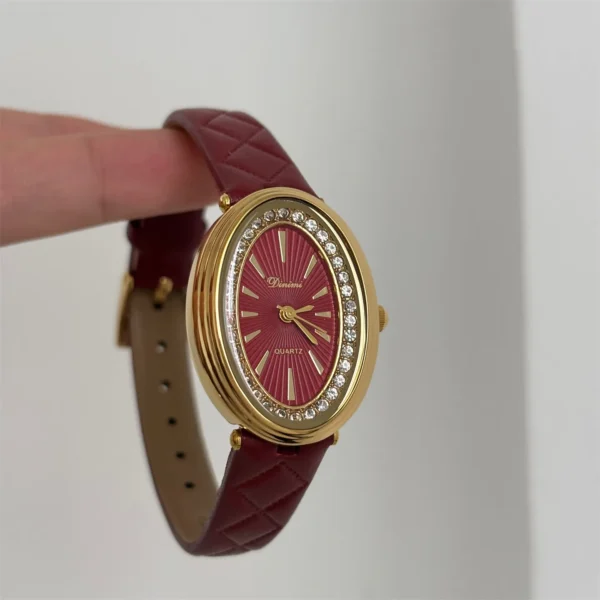 Vintage oval women’s leather watch with crystal bezel – red strap