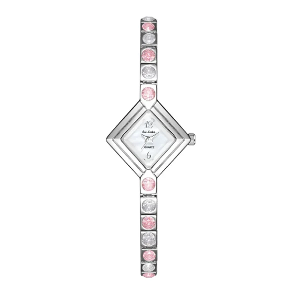 Vintage silver diamond-shaped women’s watch with bracelet strap and pink crystal accents