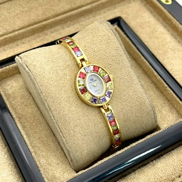 Vintage Rainbow Gemstone Gold Women’s Bracelet Watch in display box – WatchTrio