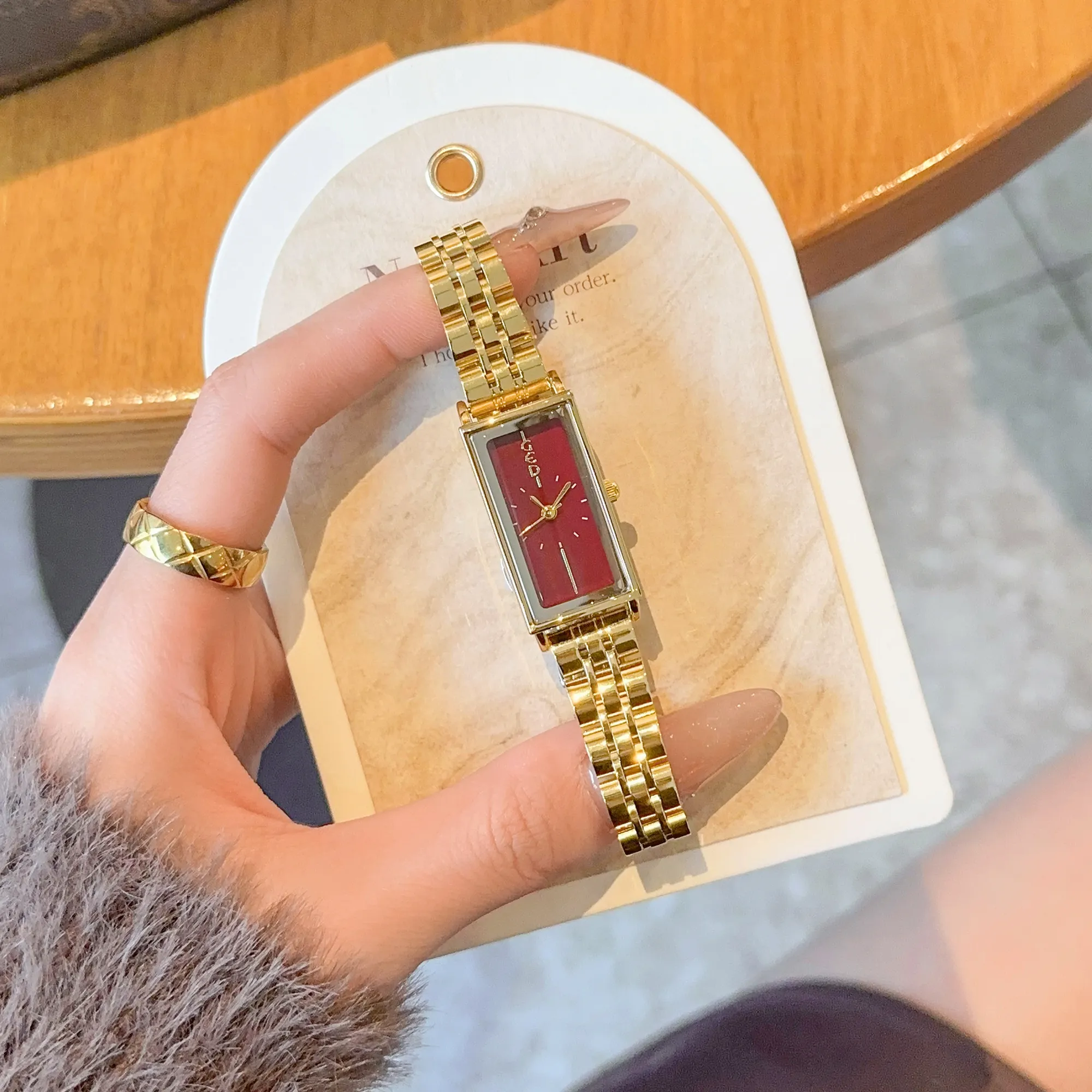 Vintage rectangle women’s gold watch with red dial – WatchTrio