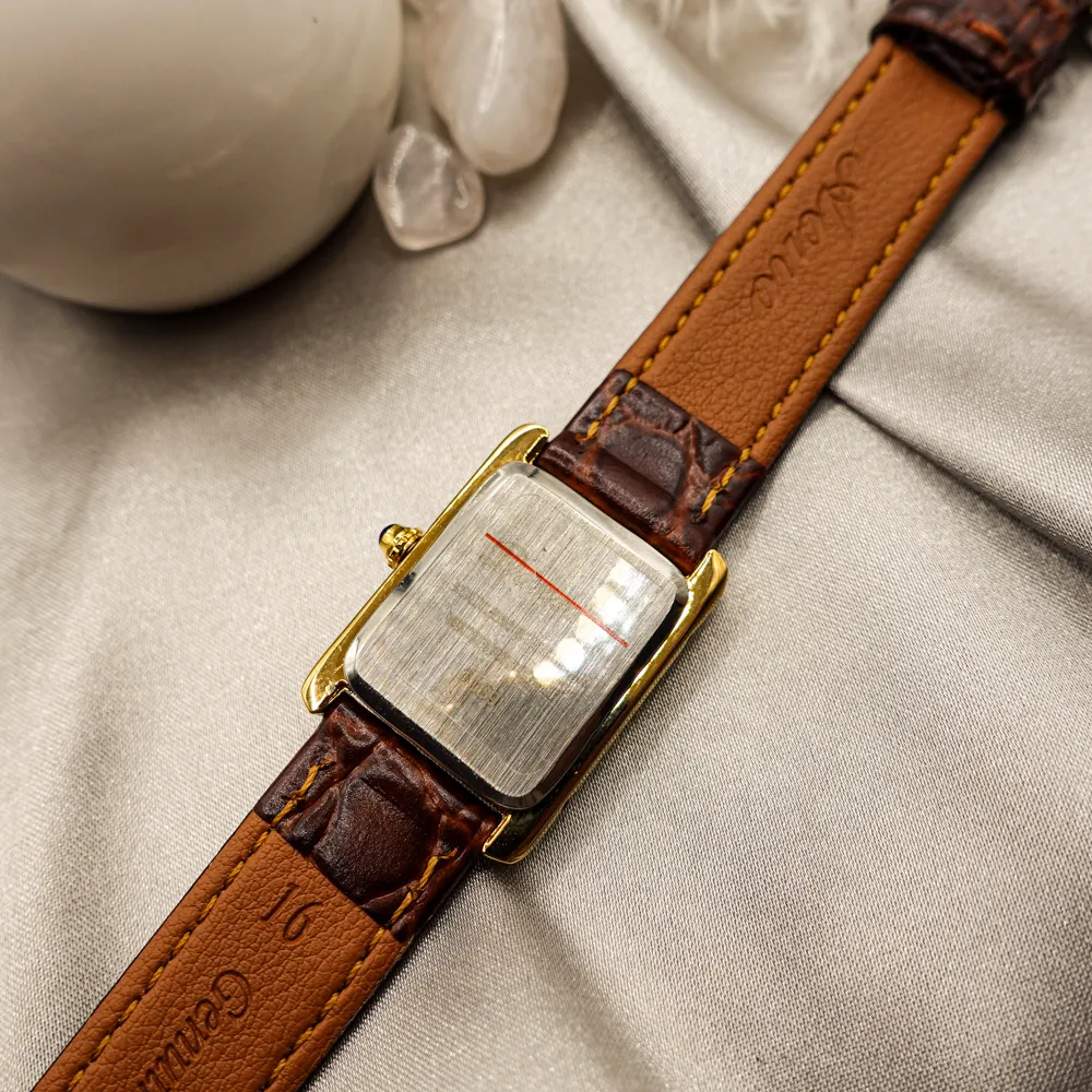 Vintage rectangular gold women’s watch backside view with genuine leather strap – WatchTrio