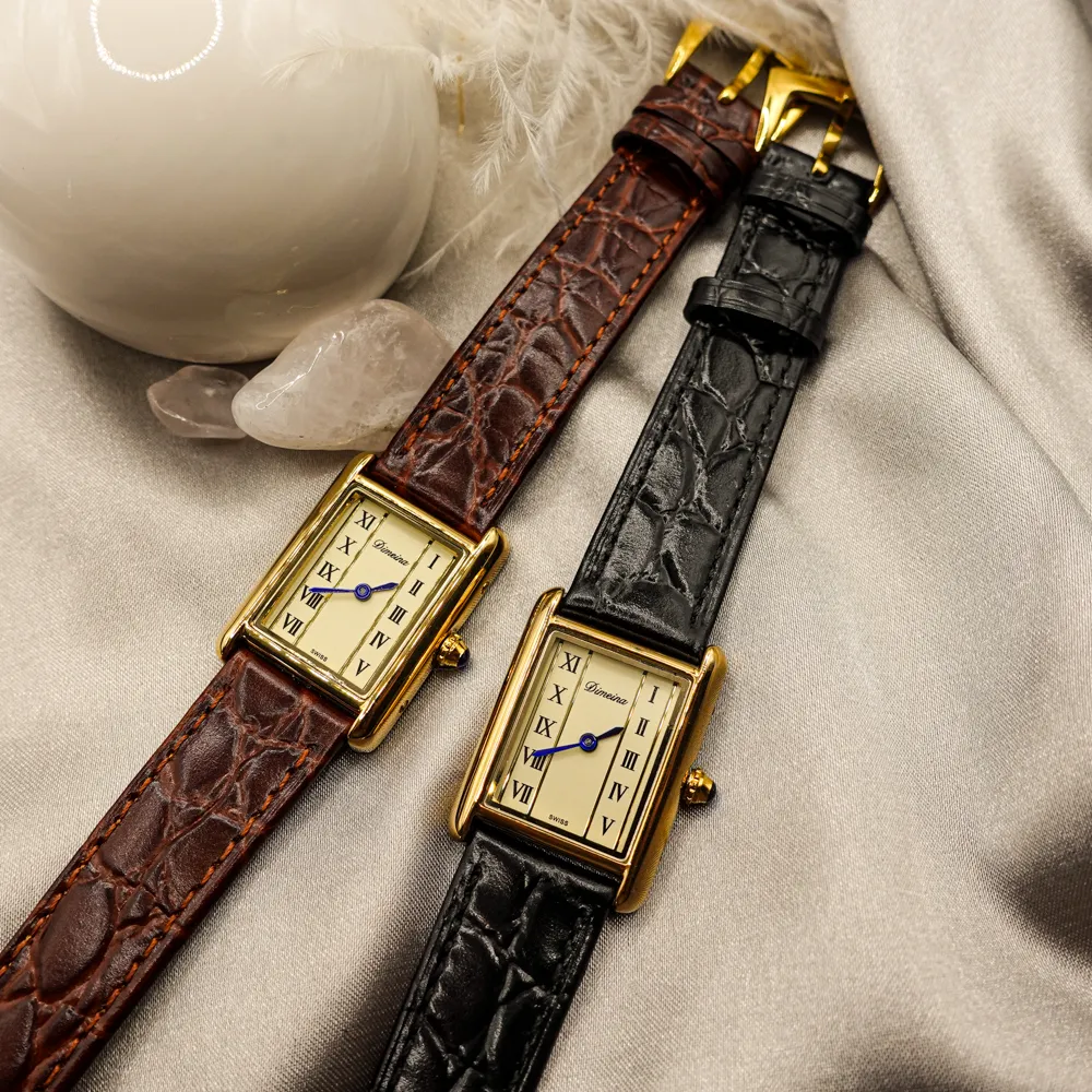 Vintage rectangular gold women’s watch in black and brown leather strap variants – WatchTrio