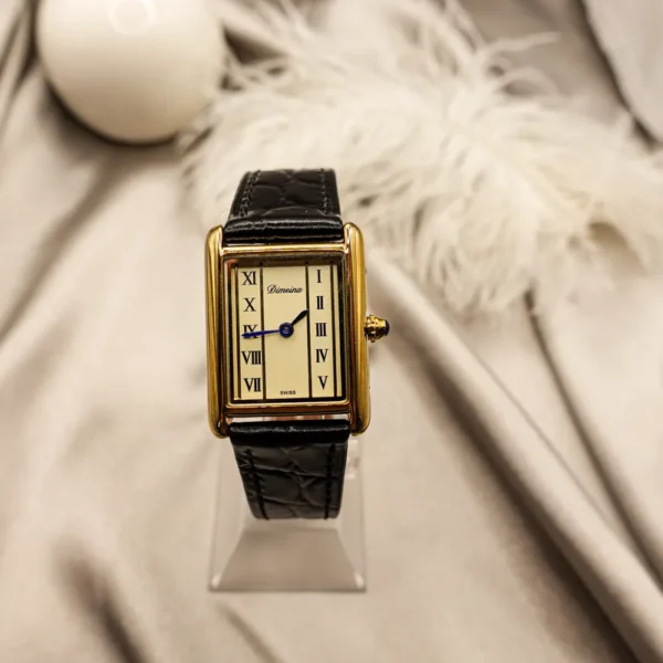 Vintage rectangular gold women’s watch with black leather strap – WatchTrio
