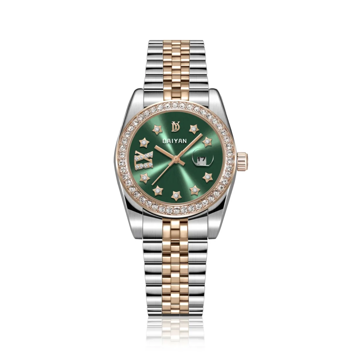 Vintage silver women’s watch with green dial and crystal bezel – WatchTrio