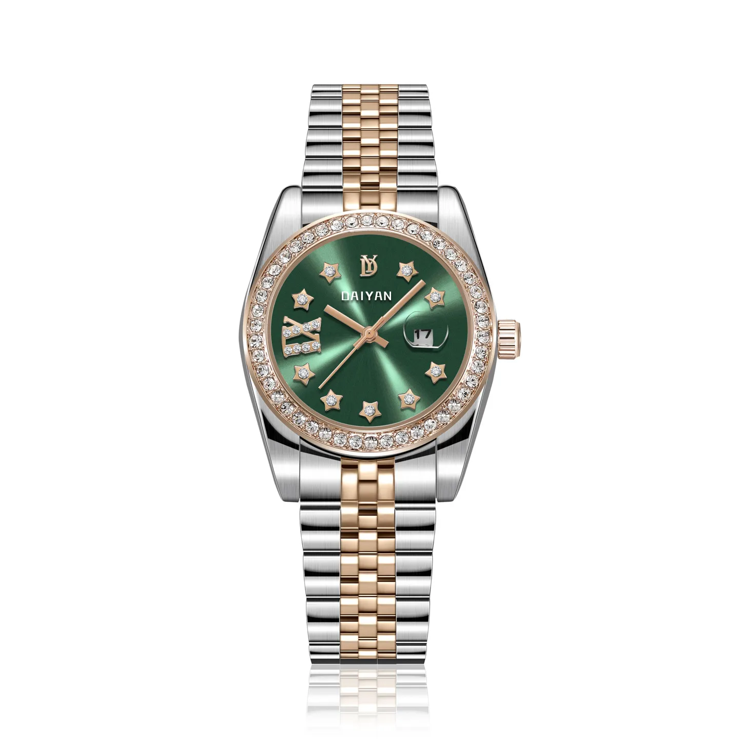 Vintage silver women’s watch with green dial and crystal bezel – WatchTrio