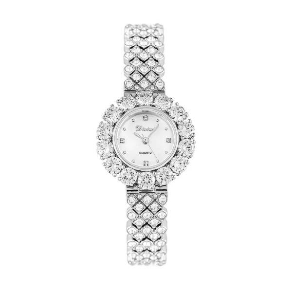 Vintage silver diamond women’s watch front view – round dial with crystal strap – WatchTrio