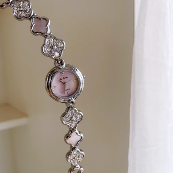 Vintage silver women’s bracelet watch with mother-of-pearl dial – wrist view