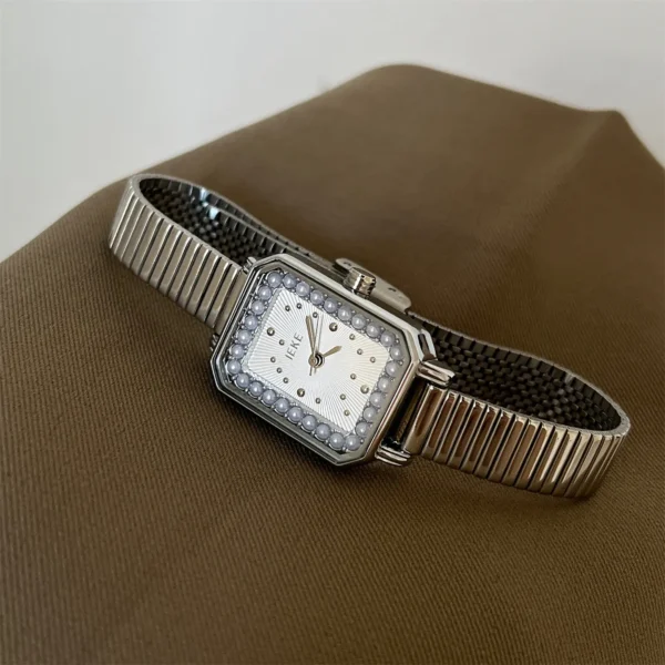Vintage silver watch for women with pearl square dial and steel strap