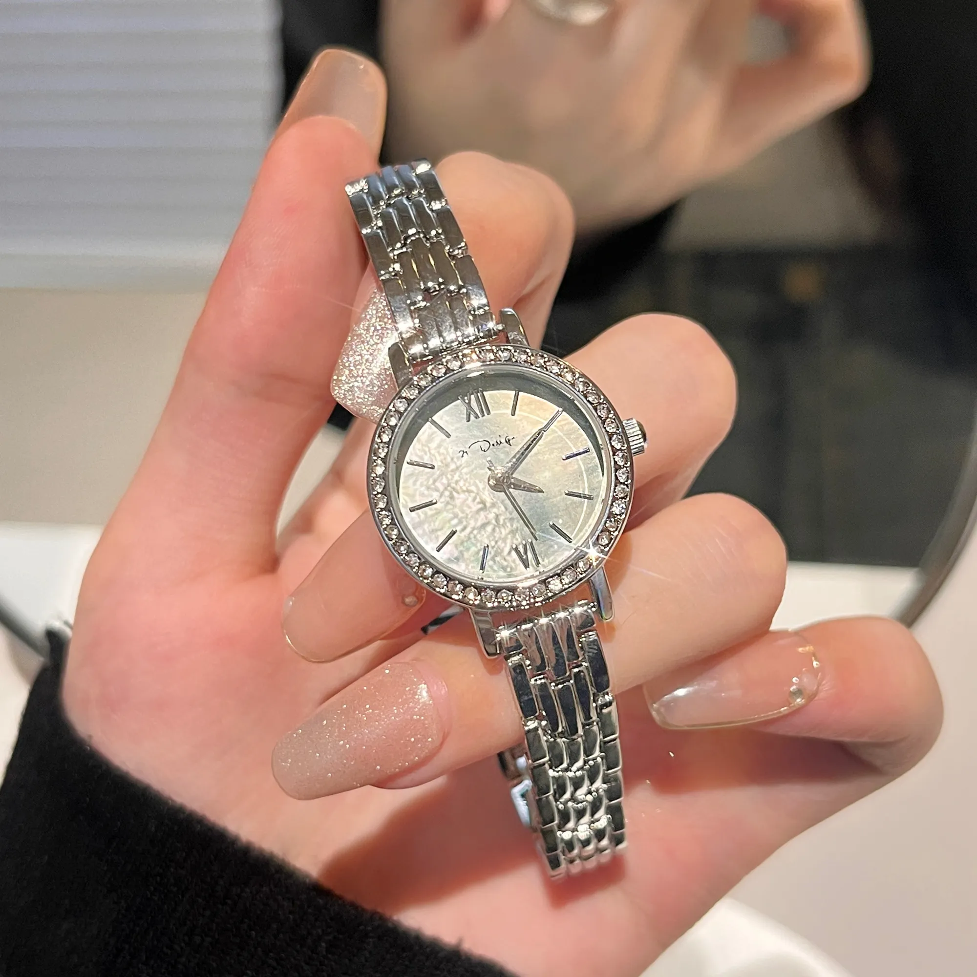 Vintage silver women’s diamond-accented watch with green dial – WatchTrio