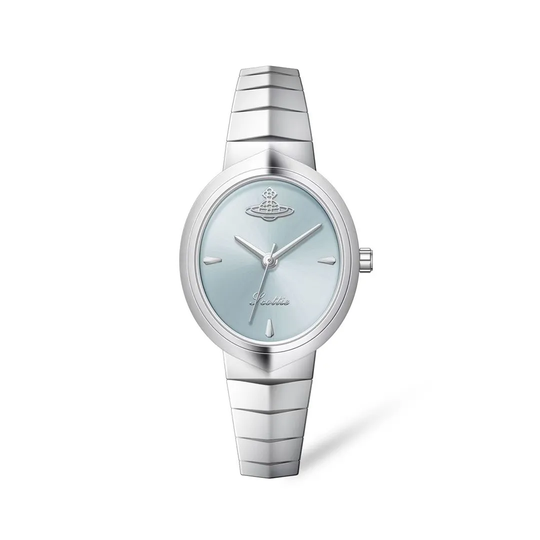 Vintage silver women’s watch with oval blue dial and snake bracelet strap – WatchTrio