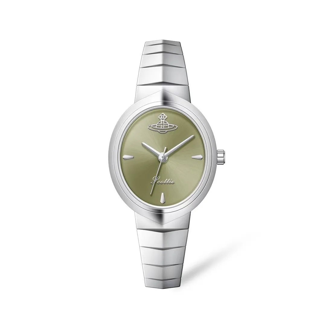 Vintage silver women’s watch with oval green dial and snake bracelet strap – WatchTrio