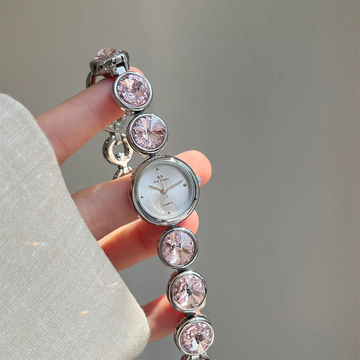 Vintage silver women’s watch with pink large crystal bracelet – WatchTrio