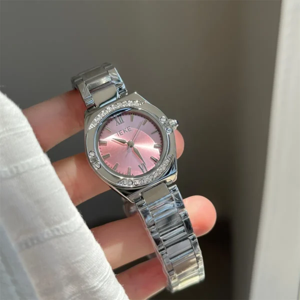 Vintage silver bracelet women’s watch with pink dial and crystal accents – WatchTrio