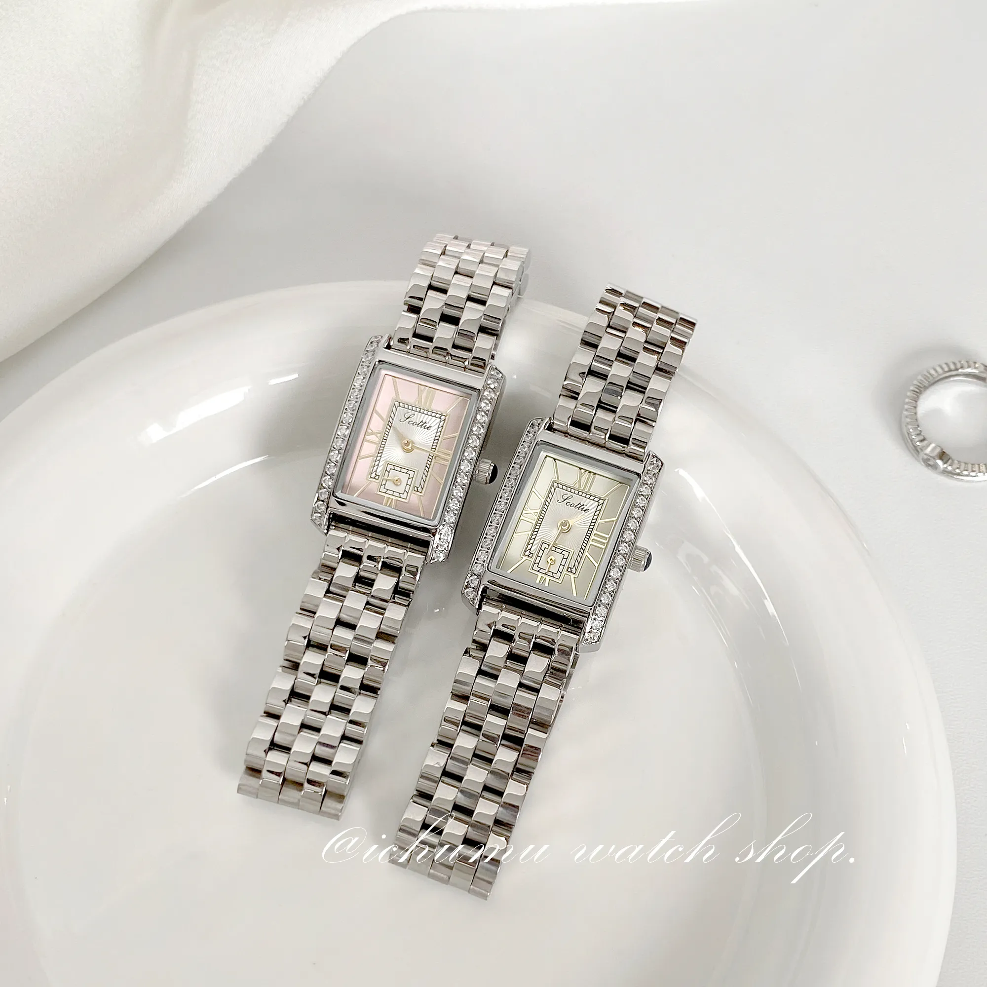 Vintage silver women’s watch with rectangular pink dial and white dial together – WatchTrio