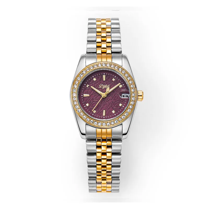 Vintage two-tone women’s watch with burgundy dial and diamond bezel – WatchTrio