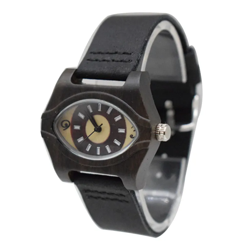 Vintage wooden eye women’s watch with black leather strap – WatchTrio