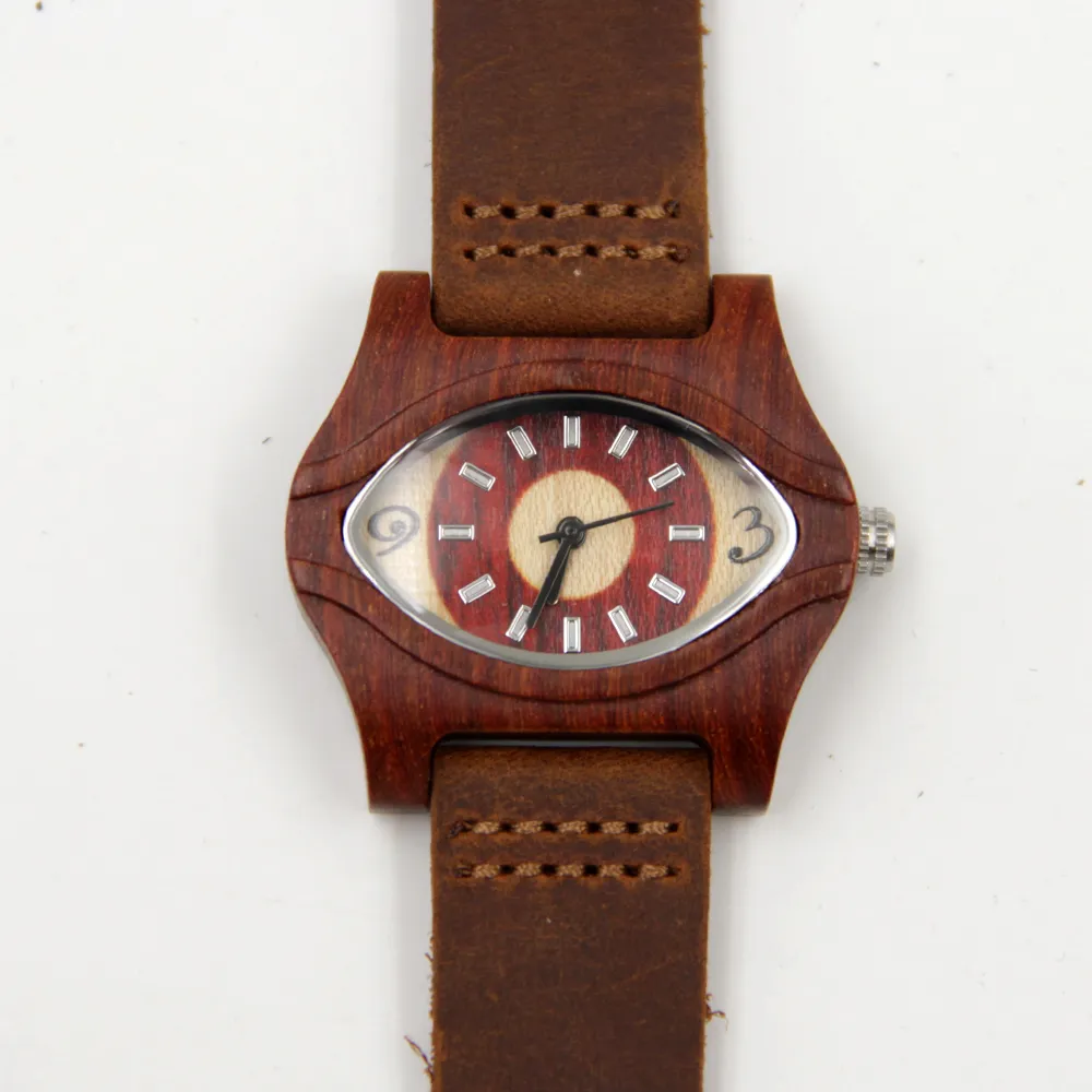 Front view of vintage wooden eye women’s watch with brown strap – WatchTrio