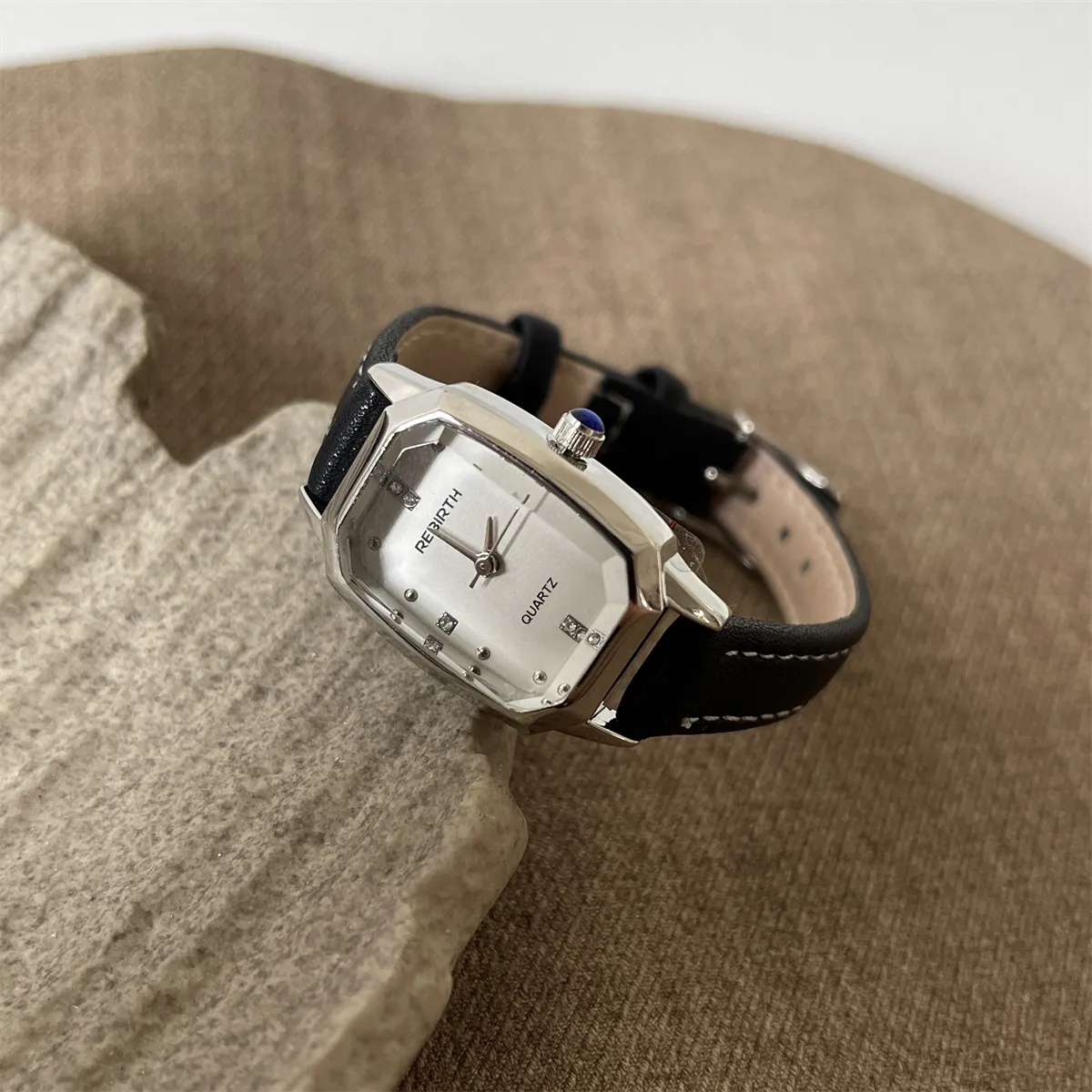 Vintage ladies leather watch with black strap and rectangular dial