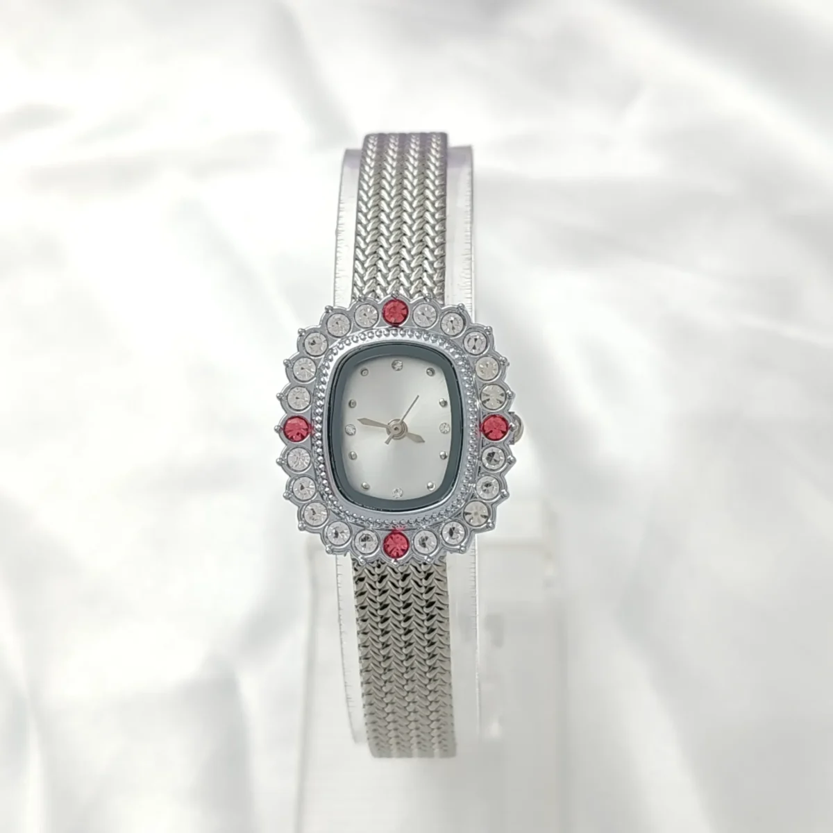 Silver vintage ladies watch with crystal bezel and white dial