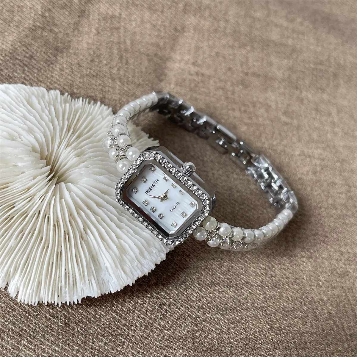 Vintage silver women’s pearl bracelet watch with pearl strap and crystal bezel – WatchTrio