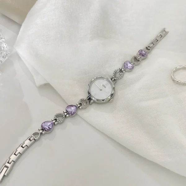 Vintage silver women’s bracelet watch with lavender purple crystal details – WatchTrio