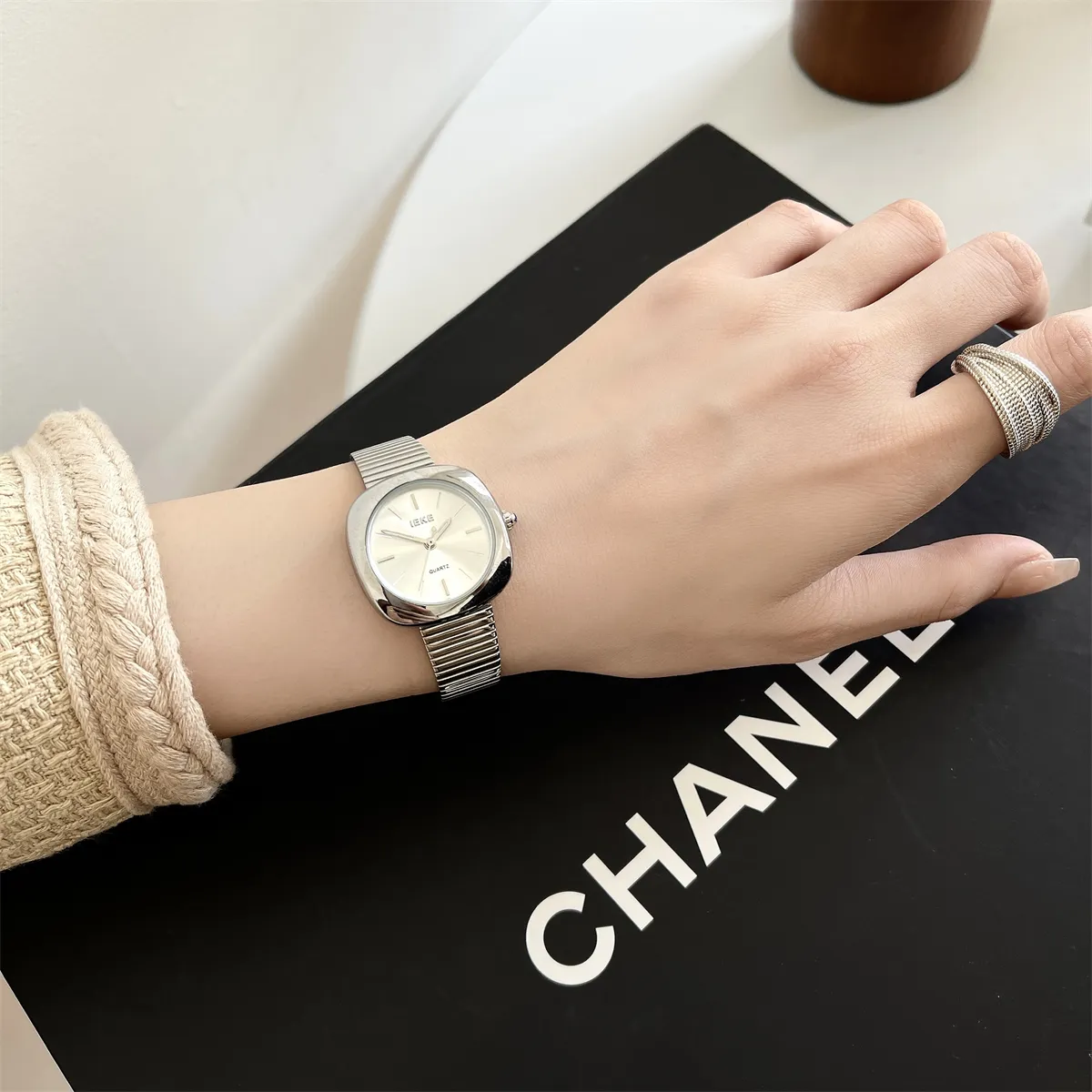 Silver square ladies watch with elastic strap