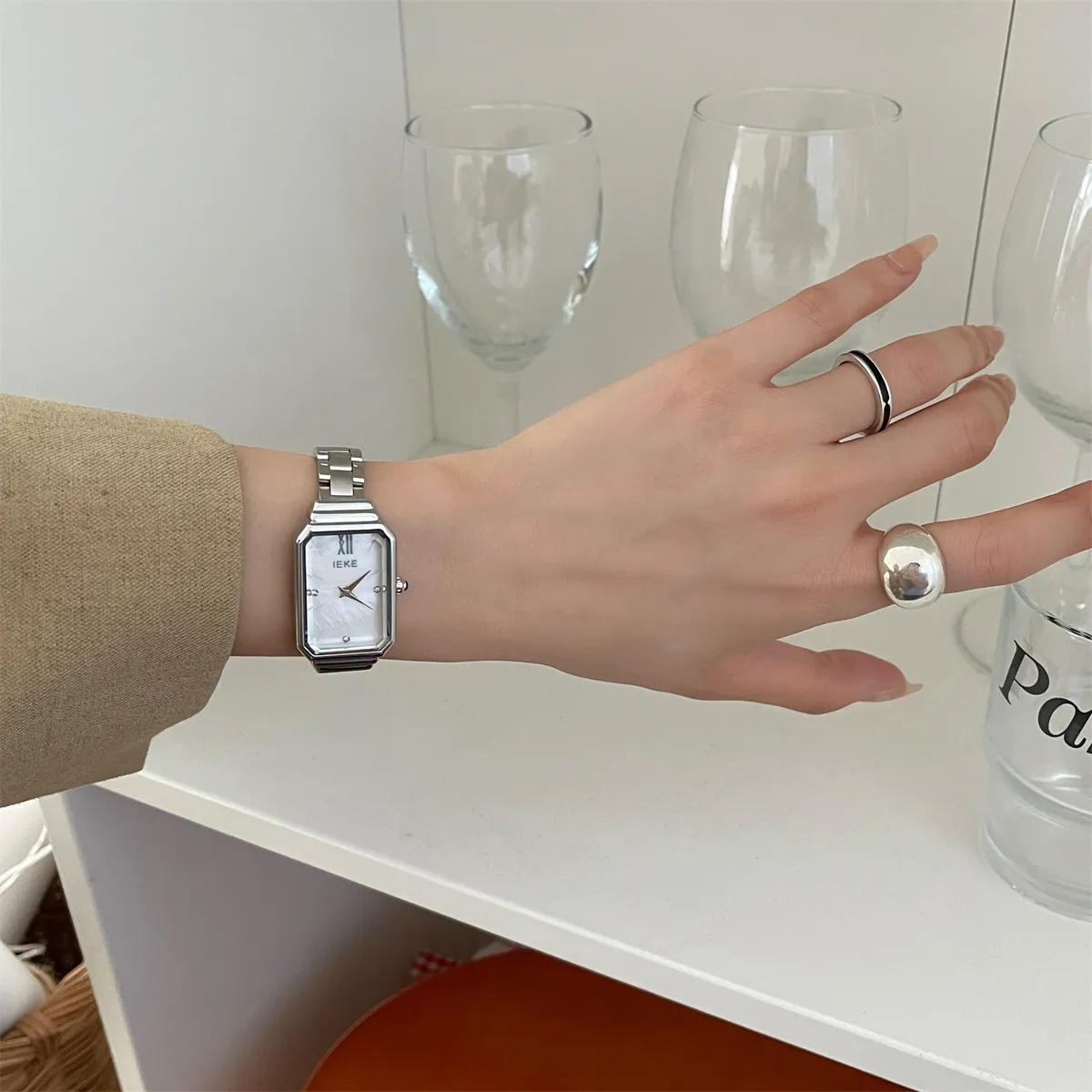 Silver vintage-style women’s watch with rectangular face