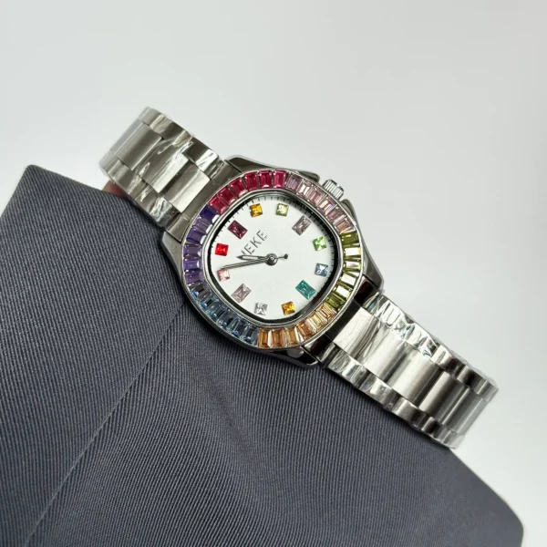 Vintage silver women’s watch with rainbow crystal bezel – WatchTrio