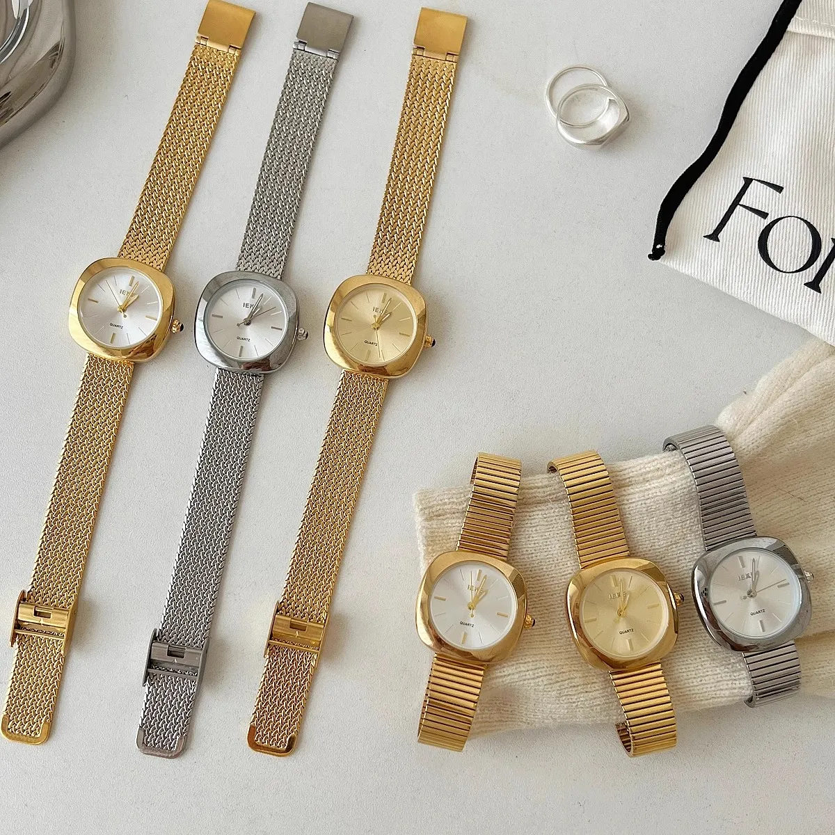 Vintage square ladies watches in gold and silver with metal straps