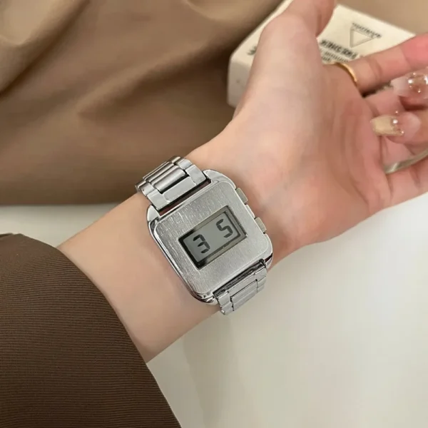 Vintage silver women’s digital square watch with retro LCD display – WatchTrio