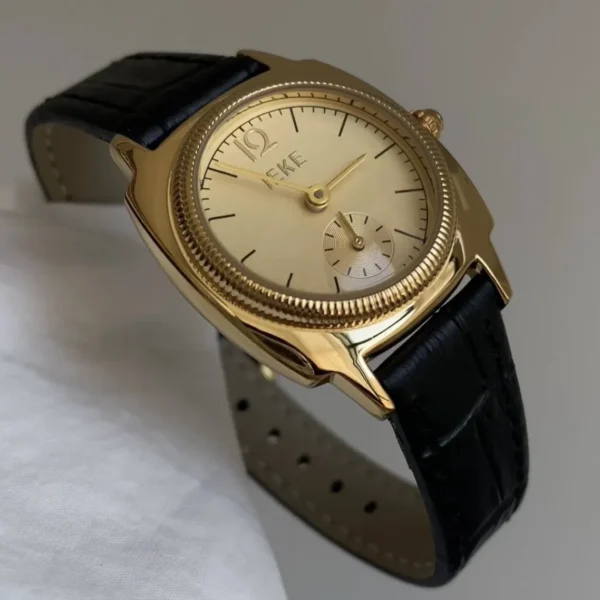 women's vintage leather watch with gold dial, 28mm case, genuine leather strap