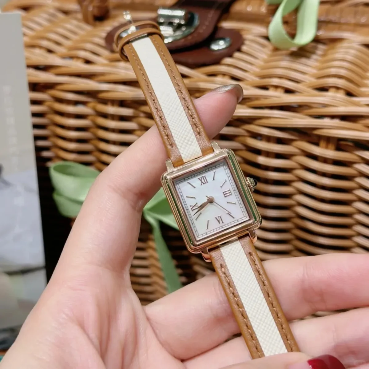 Women’s vintage square dial quartz watch with brown and white leather strap