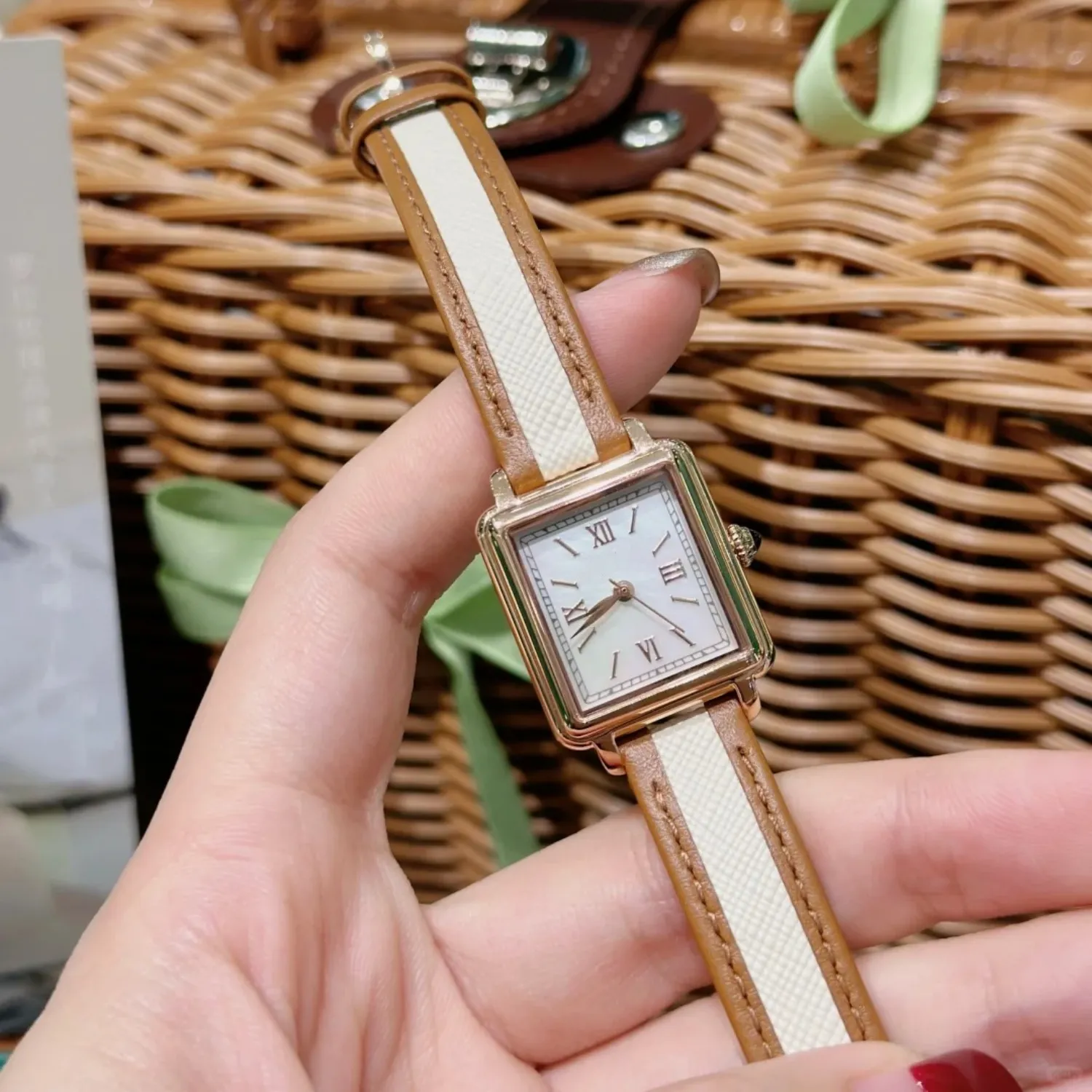 Women’s vintage square dial quartz watch with brown and white leather strap