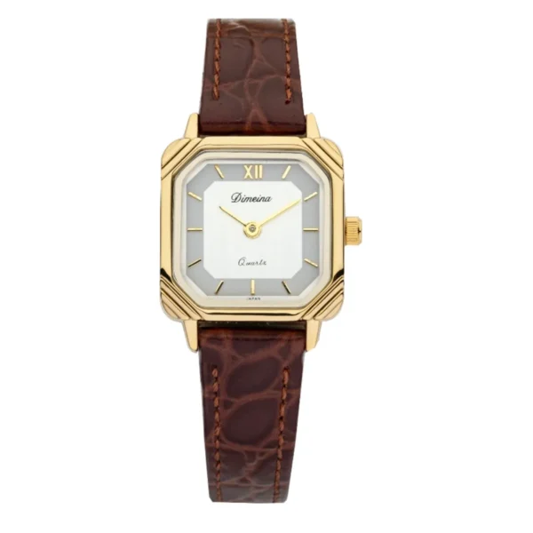 Women’s vintage square quartz watch with brown genuine leather strap