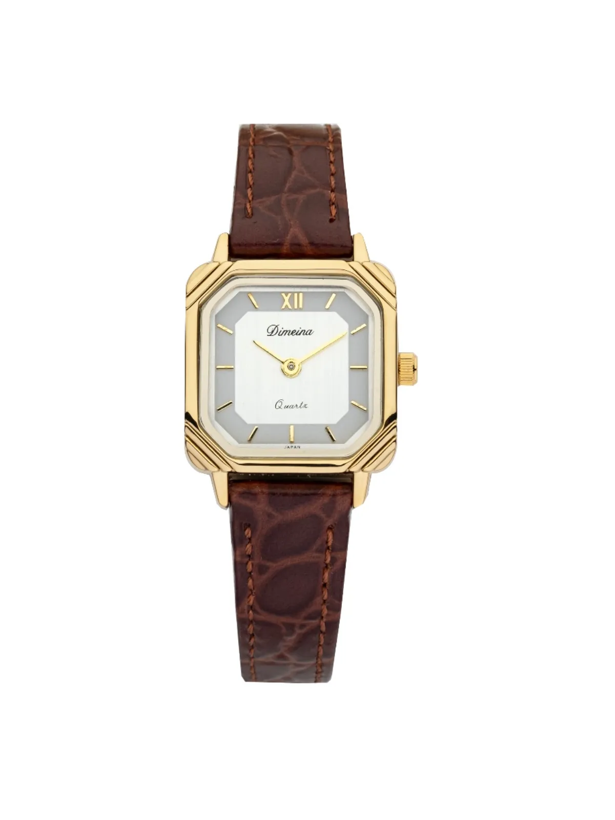 Women’s vintage square quartz watch with brown genuine leather strap